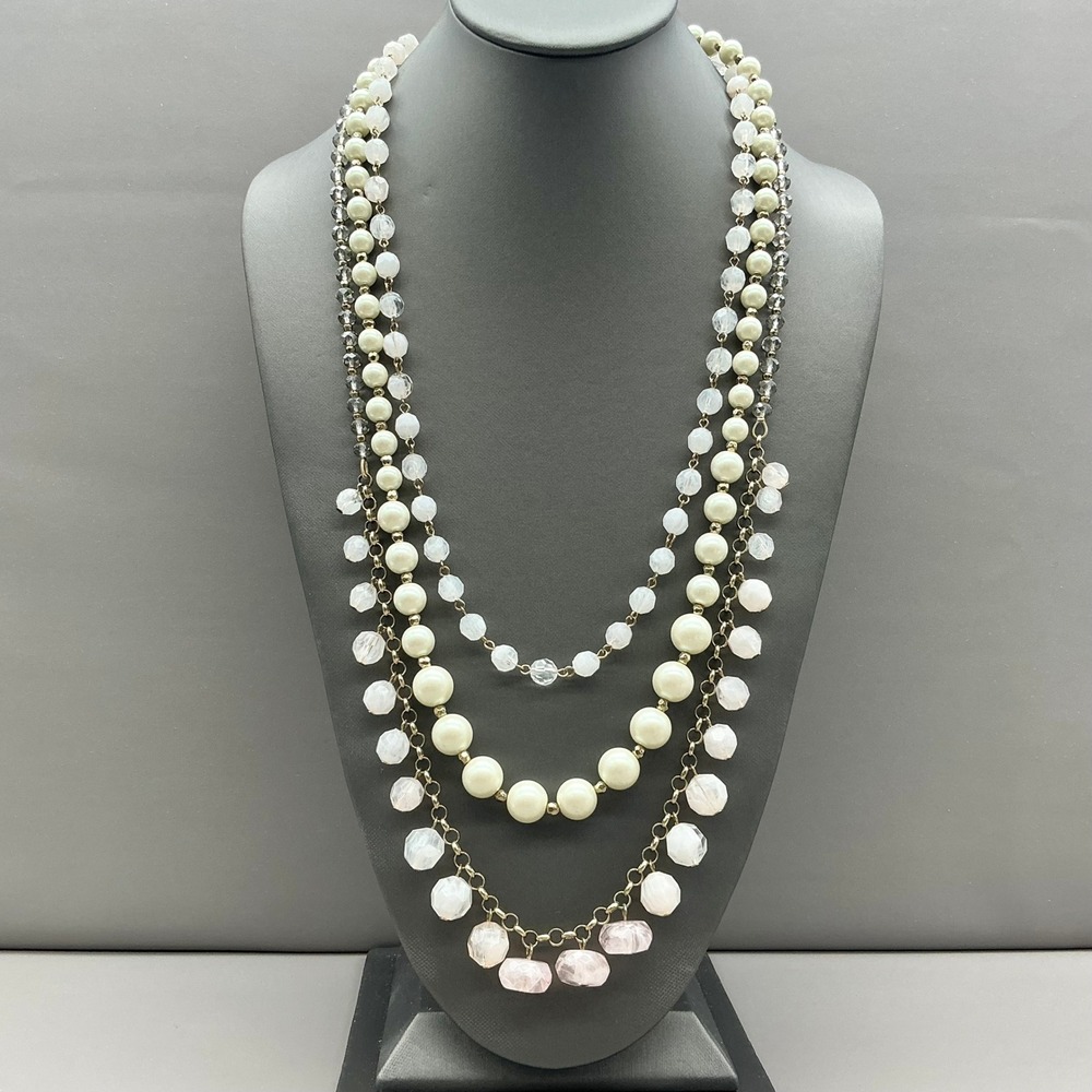 Talbots Necklace Multi Strand Faux Pearl Crystal Pink Gold Tone Statement 24"
